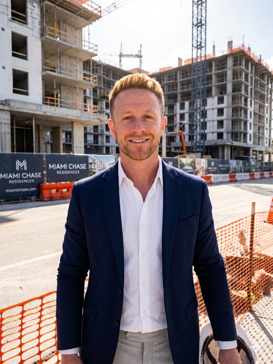 Portrait of Colin Percy, founder of Birddog, standing in front of a multifamily commercial construction site.